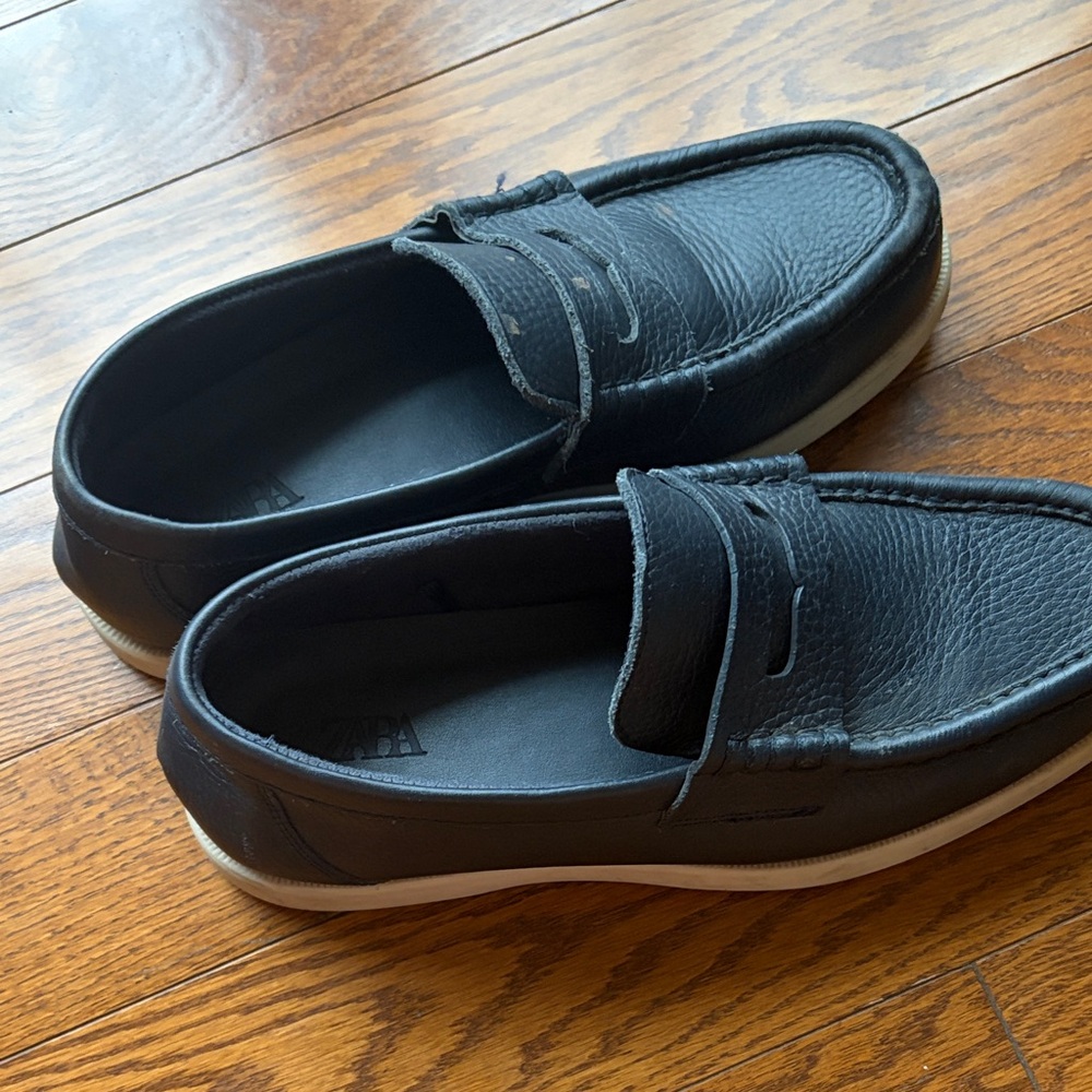 Zara Boys Navy Leather Loafers